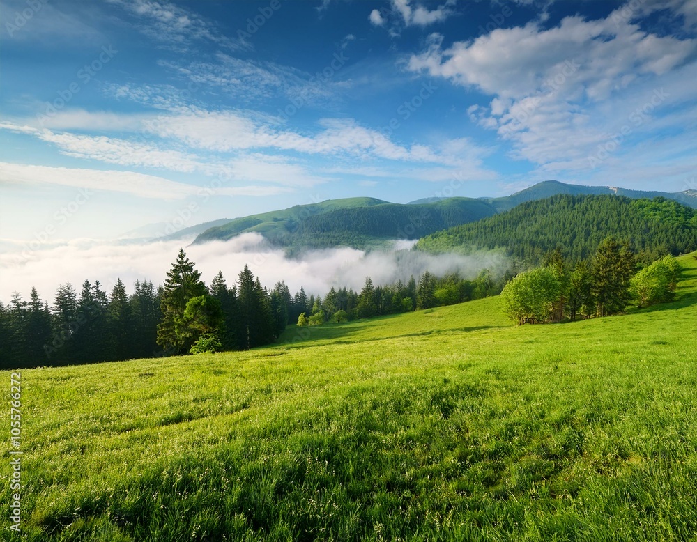 Fototapeta premium Amazing landscape of rural terrain with green pasture, lonely tree and dramatic sky.