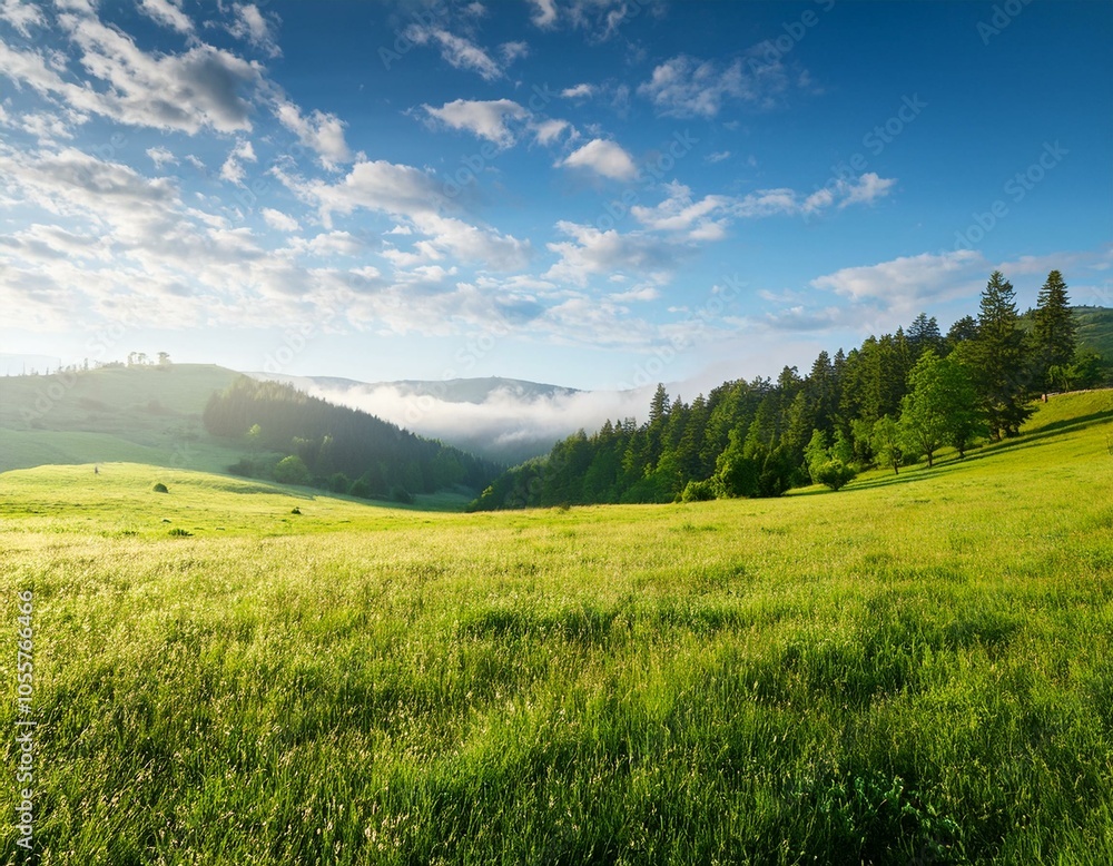 Fototapeta premium Amazing landscape of rural terrain with green pasture, lonely tree and dramatic sky.