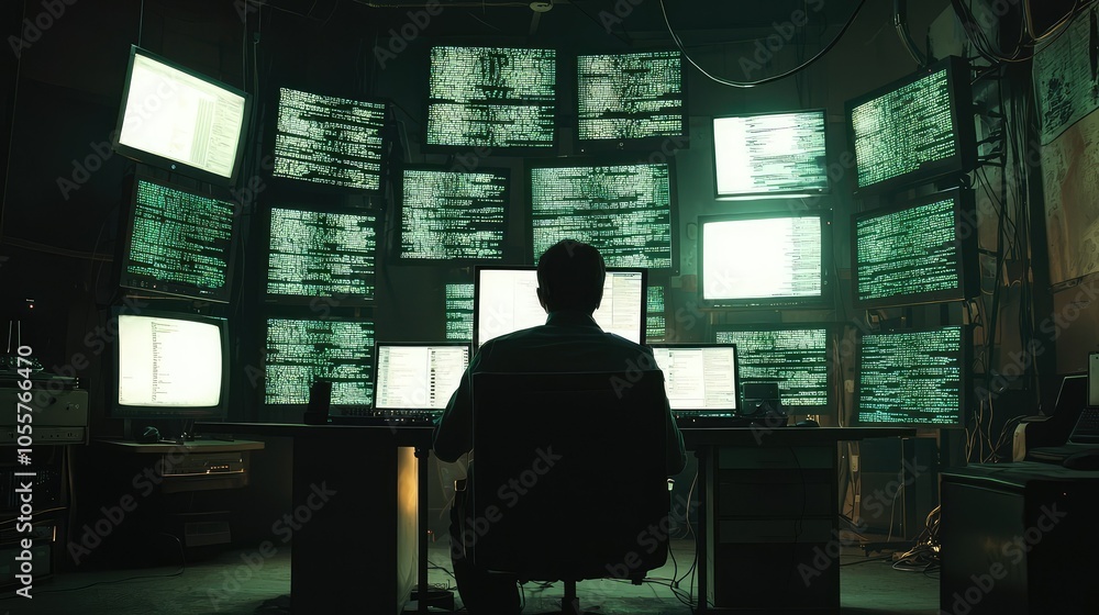 Mysterious Hacker in Dimly Lit Room with Multiple Screens Mysterious Hacker in Dimly Lit Room with Multiple Screens