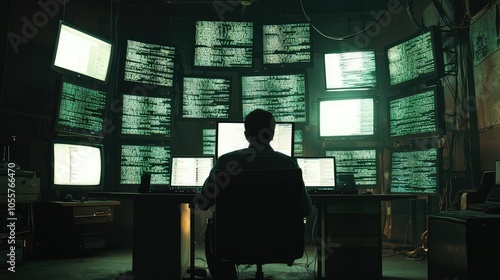 Mysterious Hacker in Dimly Lit Room with Multiple Screens