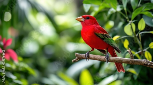 Red Bird Perched on a Branch with Green Foliage Background