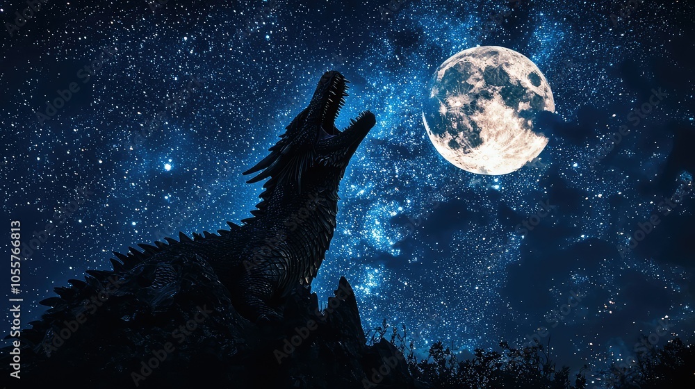 Dragon Roaring at the Moon Under a Starry Sky Dragon Roaring at the Moon Under a Starry Sky