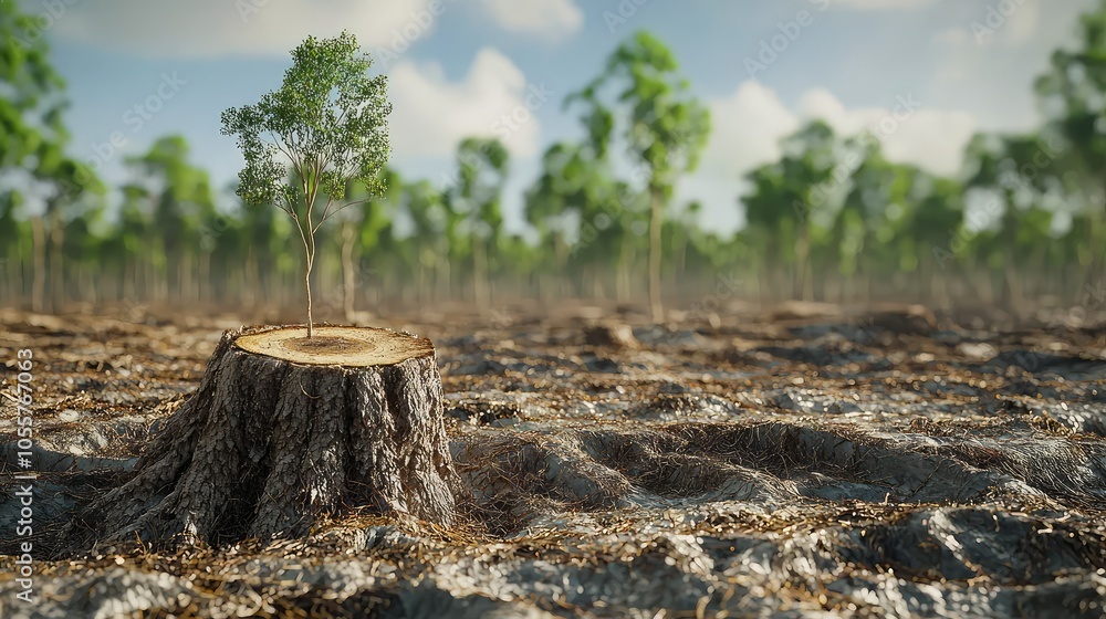 3D Model of Deforestation with Tree Stump Focus 3D Model of Deforestation with Tree Stump Focus