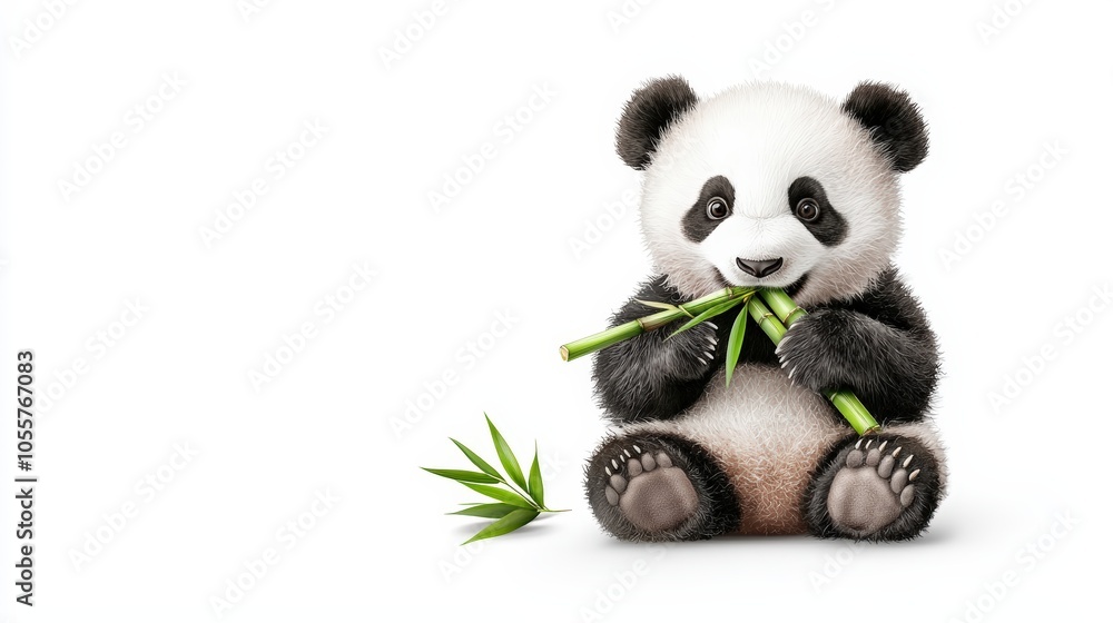 Panda eating bamboo, white isolate background Panda eating bamboo, white isolate background