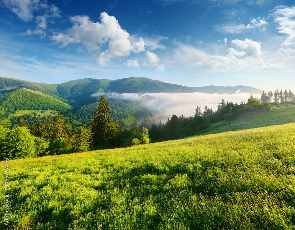 Obraz premium Amazing landscape of rural terrain with green pasture, lonely tree and dramatic sky.