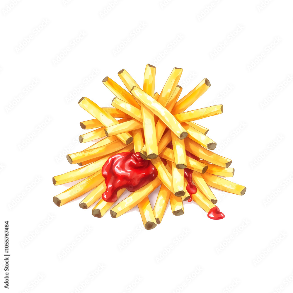 A pile of French fries with ketchup, watercolor illustration on white background. Generative AI A pile of French fries with ketchup, watercolor illustration on white background. Generative AI