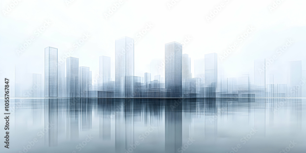 Abstract Wireframe City Skyline Reflected in Water, Minimalist Architecture Illustration Abstract Wireframe City Skyline Reflected in Water, Minimalist Architecture Illustration