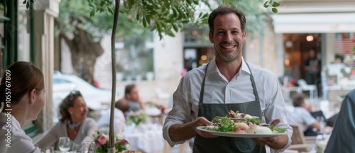 Fototapeta Naklejka Na Ścianę i Meble -  A cheerful waiter, donning a white shirt and apron, presents a delightful dish to customers in a lively outdoor café under dappled light.