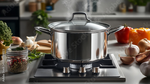 A polished stainless steel pot on a gas stove, steam rising from the lid, surrounded by colorful ingredients like garlic, onions, and spices, creating a warm kitchen atmosphere