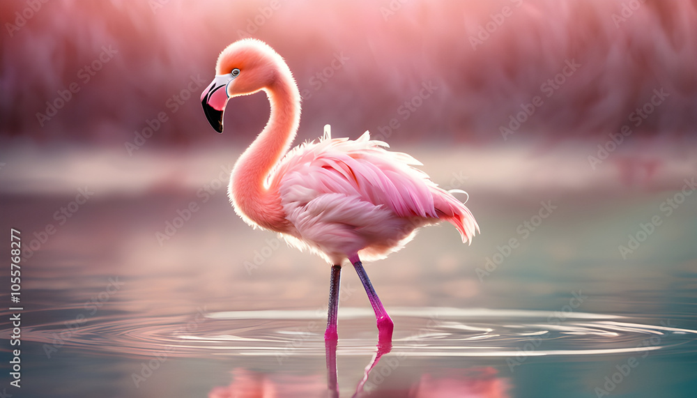 Fototapeta premium Pink Flamingo Standing in Water with Ripples