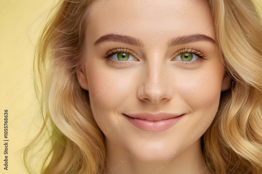 Close up portrait of a young woman with wavy golden hair, bright green eyes, and a soft smile, set against a pale yellow background for a sunny, cheerful vibe. Close up portrait of a young woman with wavy golden hair, bright green eyes, and a soft smile, set against a pale yellow background for a sunny, cheerful vibe.