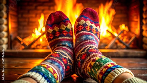 Folded wool socks in basket by a fireplace, creating a cozy winter atmosphere