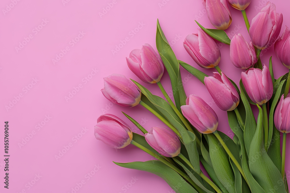 Beautiful pink and white tulips flatlay on a pastel pink background with copy space. Perfect for floral, spring, or feminine themed designs. Beautiful pink and white tulips flatlay on a pastel pink background with copy space. Perfect for floral, spring, or feminine themed designs.