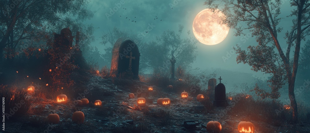 Naklejka premium Eerie night full moon illuminates an abandoned cemetery with glowing pumpkins