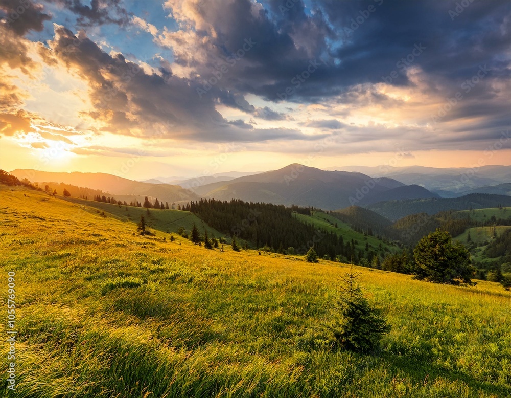 Obraz premium Amazing landscape of rural terrain with green pasture, lonely tree and dramatic sky.