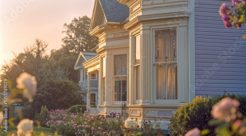 A freshly painted Victorian-style home, with soft lavender siding and intricate white trim detailing around the windows, a neatly trimmed garden with blooming roses in the foreground, the golden hour.