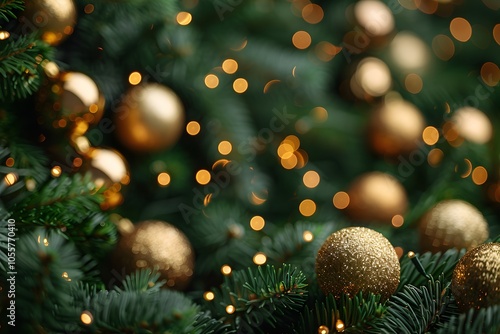 Festive Christmas Tree with Golden Baubles and Bokeh Lights for Holiday Decor