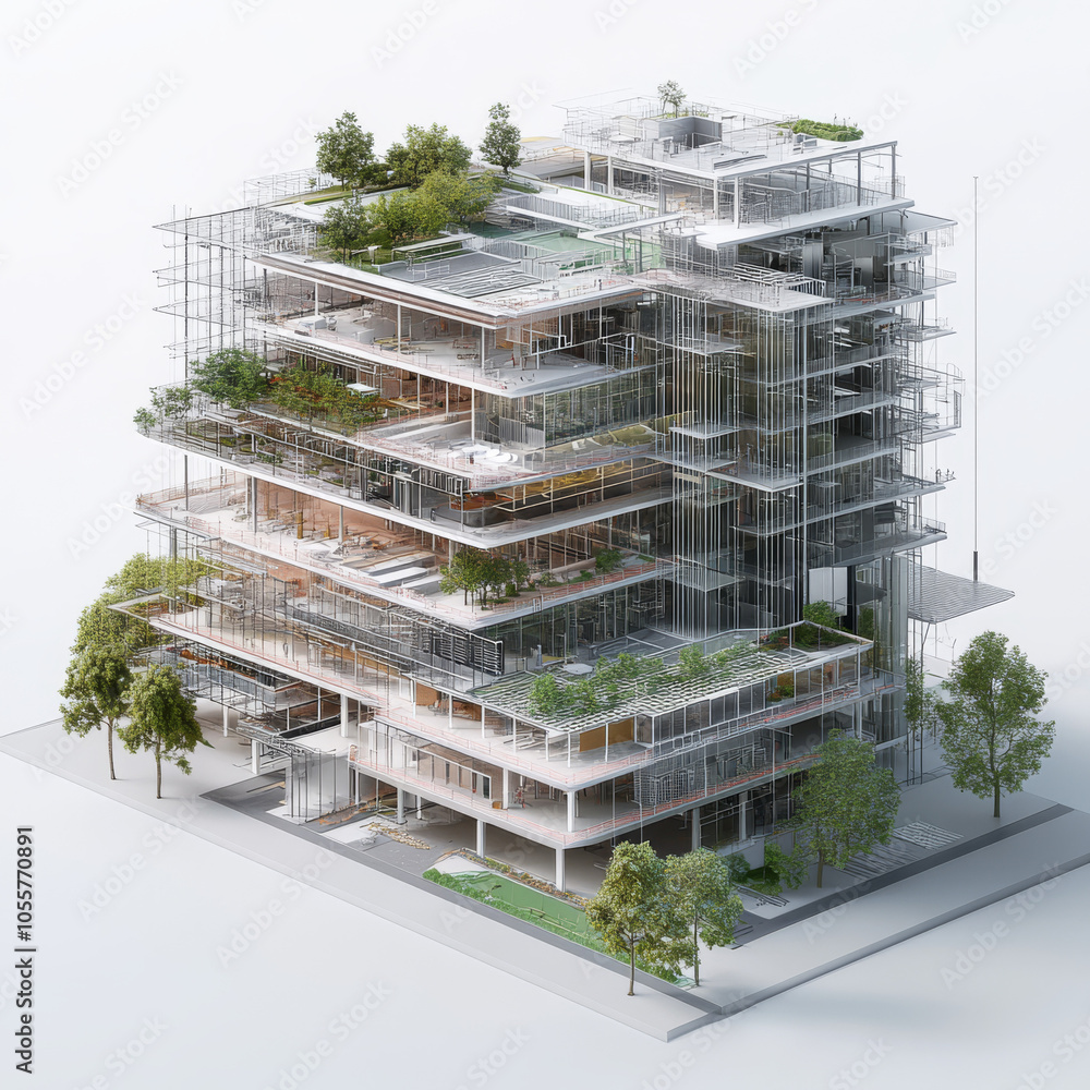 A Detailed 3D Visualization Of A Complex Building With Layers 