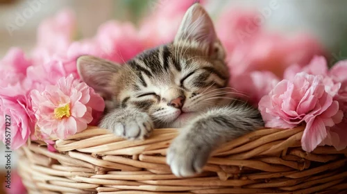 Obraz Sleeping Kitten in a Basket of Flowers