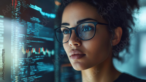 A female programmer is working on the screen, surrounded by code and graphs.