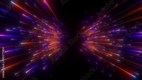 Bright flying lines. Laser beams slowly emerge from the darkness. Abstract background in blue, yellow and purple neon glow colors. Dynamic background for event, party, carnival, celebration or other.