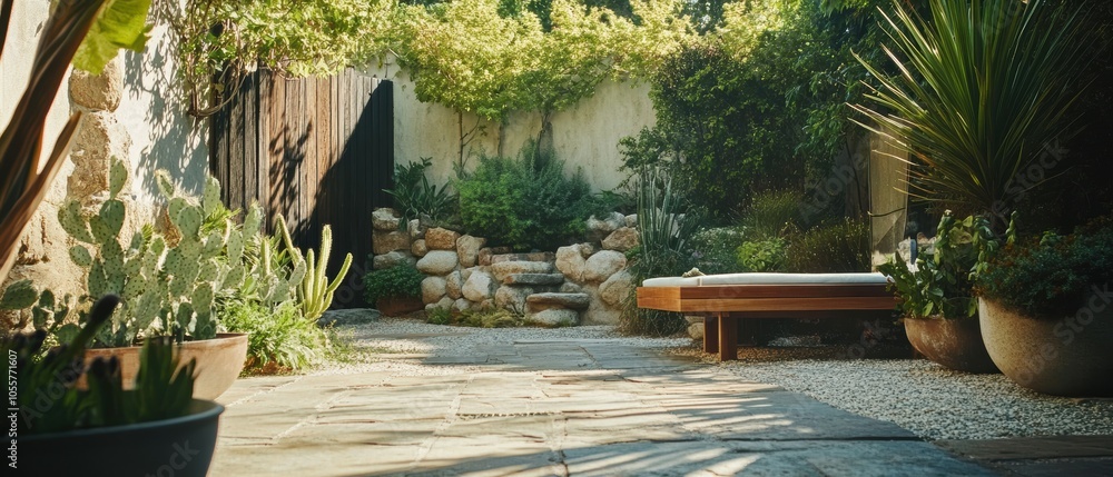 Obraz premium Experience serenity in a four-season holistic outdoor patio design with natural stone elements and lush plant life