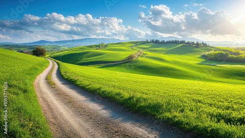 Winding road leading through rolling green hills under a blue sky with fluffy clouds.