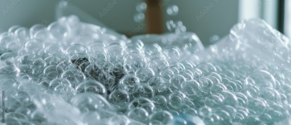 Naklejka premium A mass of delicate soap bubbles in soft focus, capturing a sense of whimsy and ephemeral beauty as they shimmer in the light.