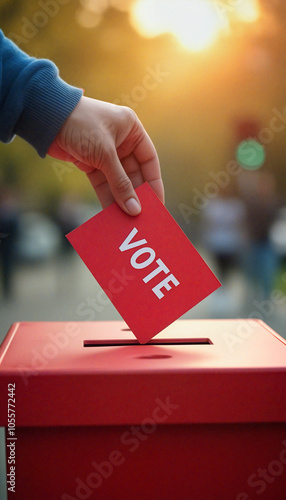 A person putting a voting card into a red ballot box photo