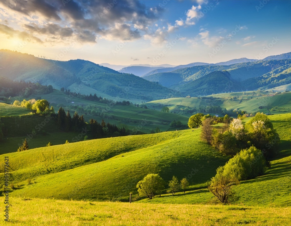 Obraz premium Beautiful autumn landscape with mountains at sunset. Yellow trees on green mountain hills illuminated with sunshine. Fall natural background.