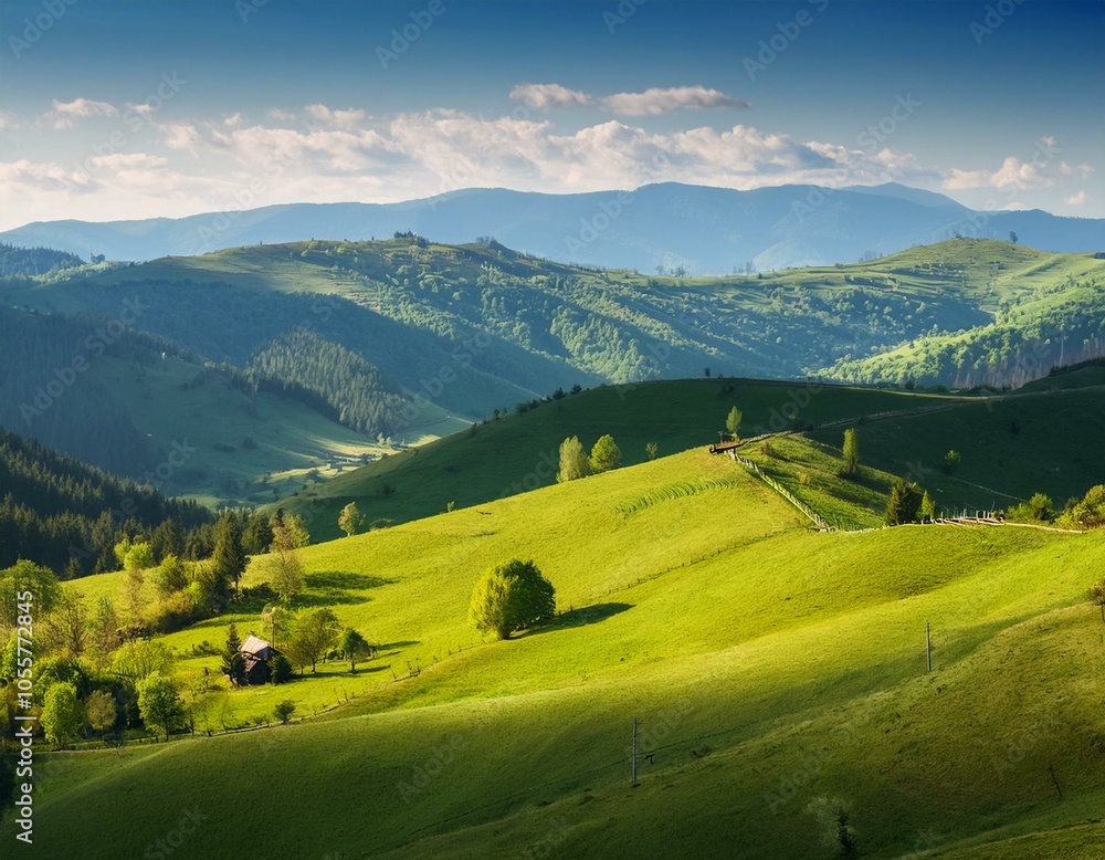 Obraz premium Beautiful autumn landscape with mountains at sunset. Yellow trees on green mountain hills illuminated with sunshine. Fall natural background.