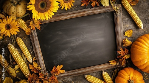 Dark gray slate background adorned with autumn decorations including vibrant sunflowers, pumpkins, and corn, creating a warm seasonal atmosphere. In the center, an empty wooden frame is perfectly posi photo