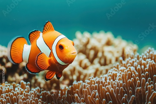 A vibrant clownfish swimming gracefully among colorful coral. Perfect for nature and marine life-themed projects. photo