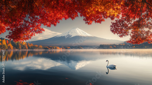 Wallpaper Mural This breathtaking photo captures the beauty of Mount Fuji in autumn, framed by vibrant red leaves and featuring a peaceful swan gliding on the water. Torontodigital.ca
