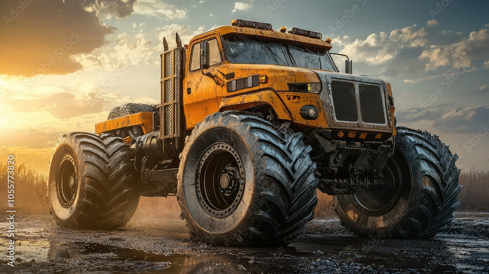 Captivating Yellow Cargo Truck at Sunset Captivating Yellow Cargo Truck at Sunset