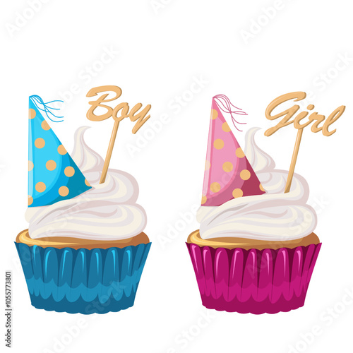 Cupcakes with cream, sweetness dessert with tiny party hat. Muffin. Flat style. Gender party. Girl or boy. Birthday, holiday, congratulations, concept of invitation. 