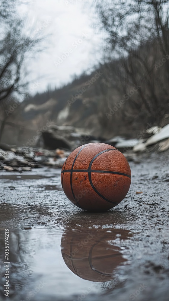 Basketball in a Puddle on a Gloomy Day Basketball in a Puddle on a Gloomy Day