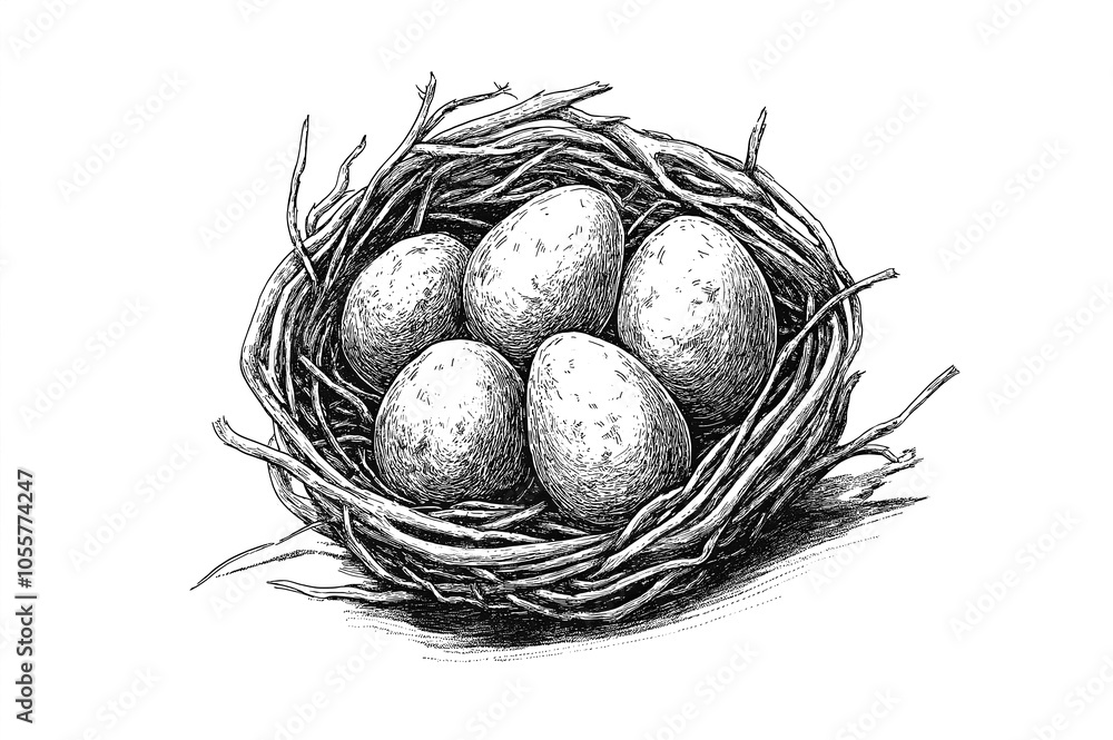 Obraz premium Nest with eggs, sketch. Vintage retro print, hand-drawn illustration nest, eggs, engraving, detailed drawing, eggs nest. Black ink, simple lines, sketch style, line art, graphic design. Illustration
