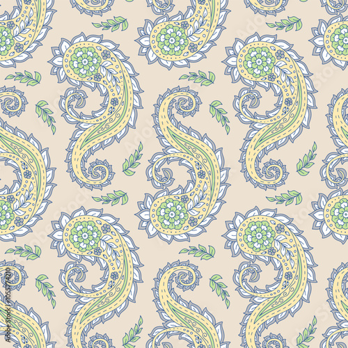 Seamless pattern with Paisley motifs on beige background. Traditional indian repeat design.