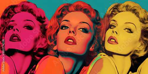 Three Women with Red Lips and Retro Hairstyles in a Vibrant Pop Art Style Illustration