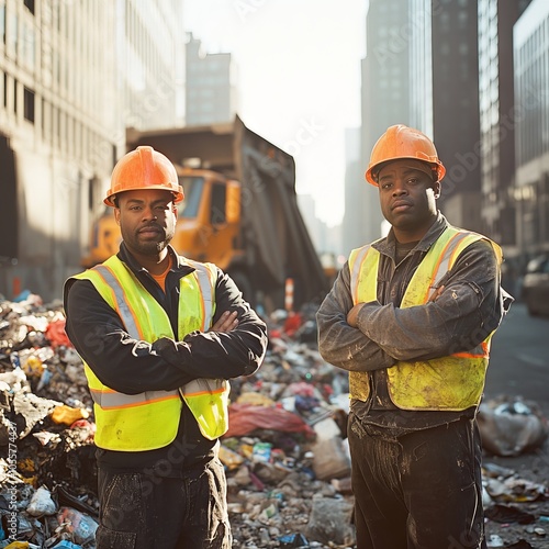 Waste collectors posing with crossed arms in front of a garbage truck in a city street