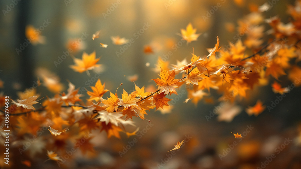 Colorful autumn leaves with a serene mood floating in the air against a blurred forest background. Colorful autumn leaves with a serene mood floating in the air against a blurred forest background.