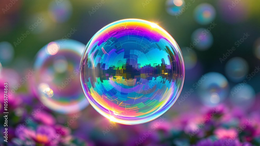 Colorful soap bubble with a joyful mood reflecting a vibrant cityscape against a floral background. Colorful soap bubble with a joyful mood reflecting a vibrant cityscape against a floral background.