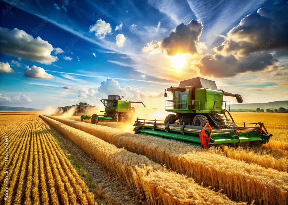 Fototapeta premium Combine Harvesters for Maximizing Crop Yields: Essential Tools in Modern Agriculture