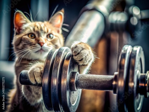 Conceptual Macro Photography of Cat's Paw Reaching for Cast Iron Dumbbells on Spinlock Bar photo