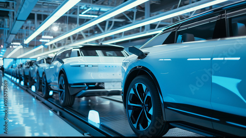 Elegant Electric SUV Lineup with Bold Color Contrast, Highlighting Modern Automotive Design in a Minimalist Industrial Setting.