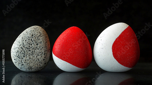 Three stones in red and white balanced on black background photo