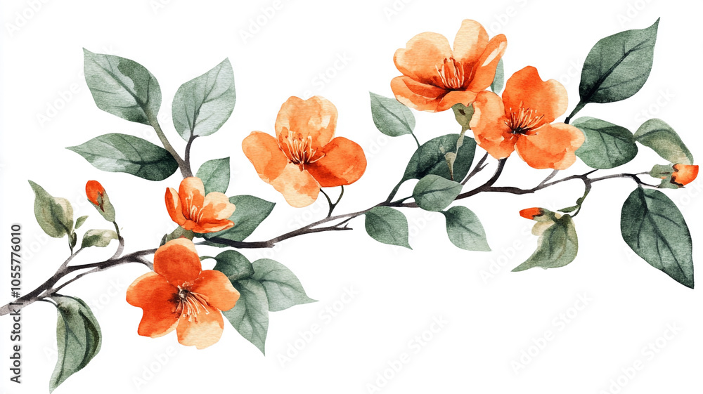 Fototapeta premium Watercolor of a branch with orange flowers and green leaves on white background.