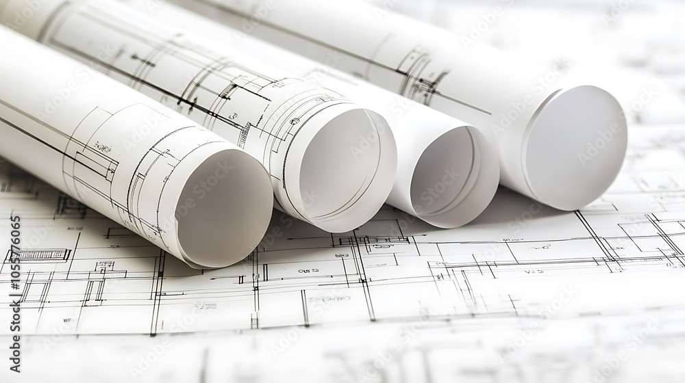 Architectural blueprints rolled and laid out for design planning. Architectural blueprints rolled and laid out for design planning.