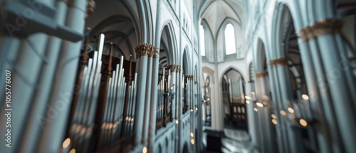 A grand cathedral's interior, with towering arches and organ pipes, exudes a sense of majesty and reverence.